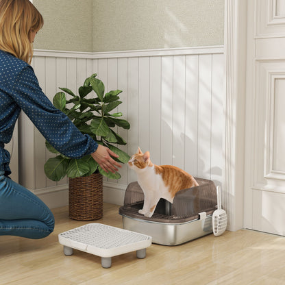 Extra Large Covered Cat Litter Box Closed with Stainless Steel Tray High Edges Shovel Step Sand Falling Area Odorless Easy Cleaning for Large Cats Gray