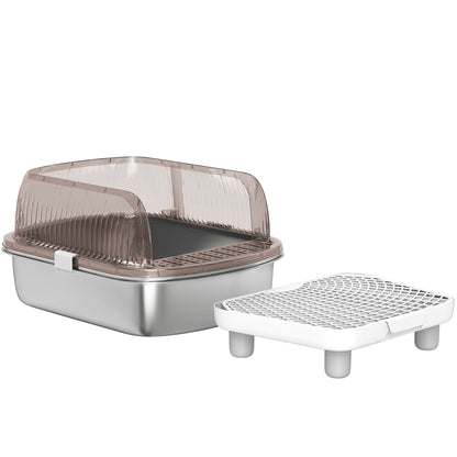 Extra Large Covered Cat Litter Box Closed with Stainless Steel Tray High Edges Shovel Step Sand Falling Area Odorless Easy Cleaning for Large Cats Gray