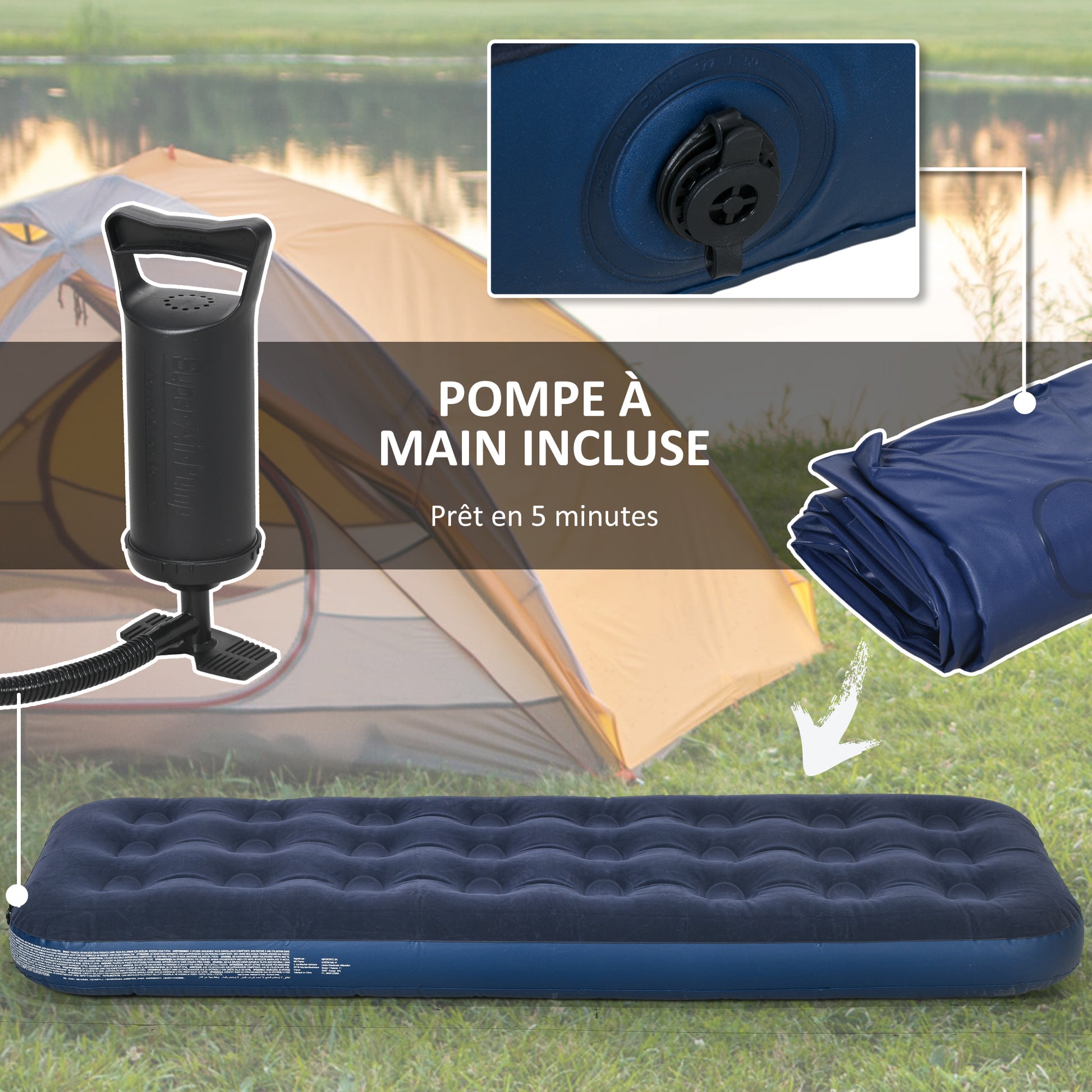 Portable Single Inflatable Air Bed with Integrated Hand Pump, Flocked Surface, for Camping, Travel - 191 x 73 x 22 cm, Blue