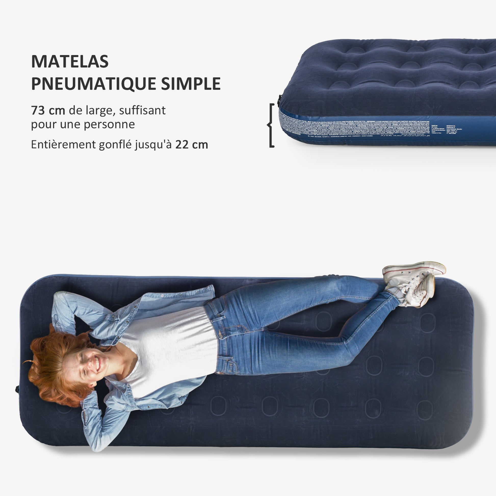 Portable Single Inflatable Air Bed with Integrated Hand Pump, Flocked Surface, for Camping, Travel - 191 x 73 x 22 cm, Blue