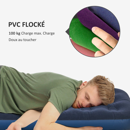 Portable Single Inflatable Air Bed with Integrated Hand Pump, Flocked Surface, for Camping, Travel - 191 x 73 x 22 cm, Blue