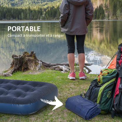 Portable Single Inflatable Air Bed with Integrated Hand Pump, Flocked Surface, for Camping, Travel - 191 x 73 x 22 cm, Blue