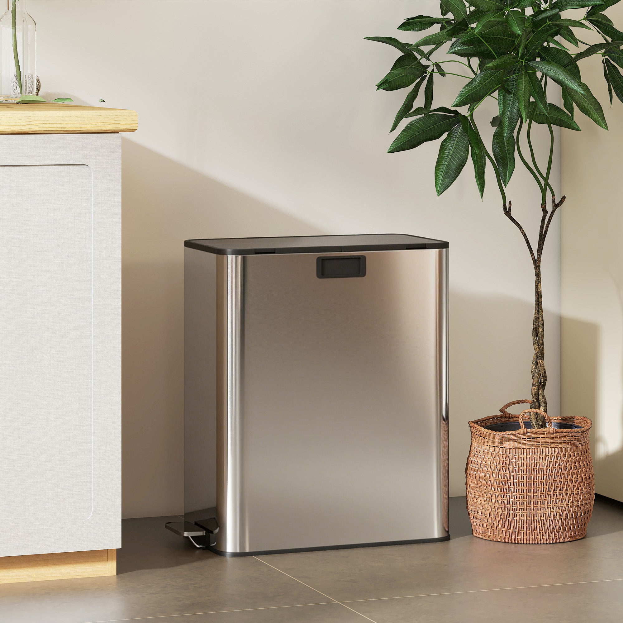 2 x 28L Stainless Steel Kitchen Step Bin with Soft-Close Butterfly Lid, Removable Inner Bins, Fingerprint-Resistant, Silver