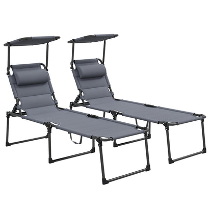 Set of 2 Foldable Comfortable Sun Loungers with Adjustable Sunshade and Multi-Position Reclining Backrest, Gray
