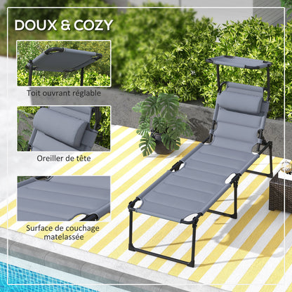 Set of 2 Foldable Comfortable Sun Loungers with Adjustable Sunshade and Multi-Position Reclining Backrest, Gray