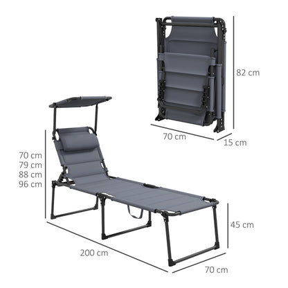 Set of 2 Foldable Comfortable Sun Loungers with Adjustable Sunshade and Multi-Position Reclining Backrest, Gray