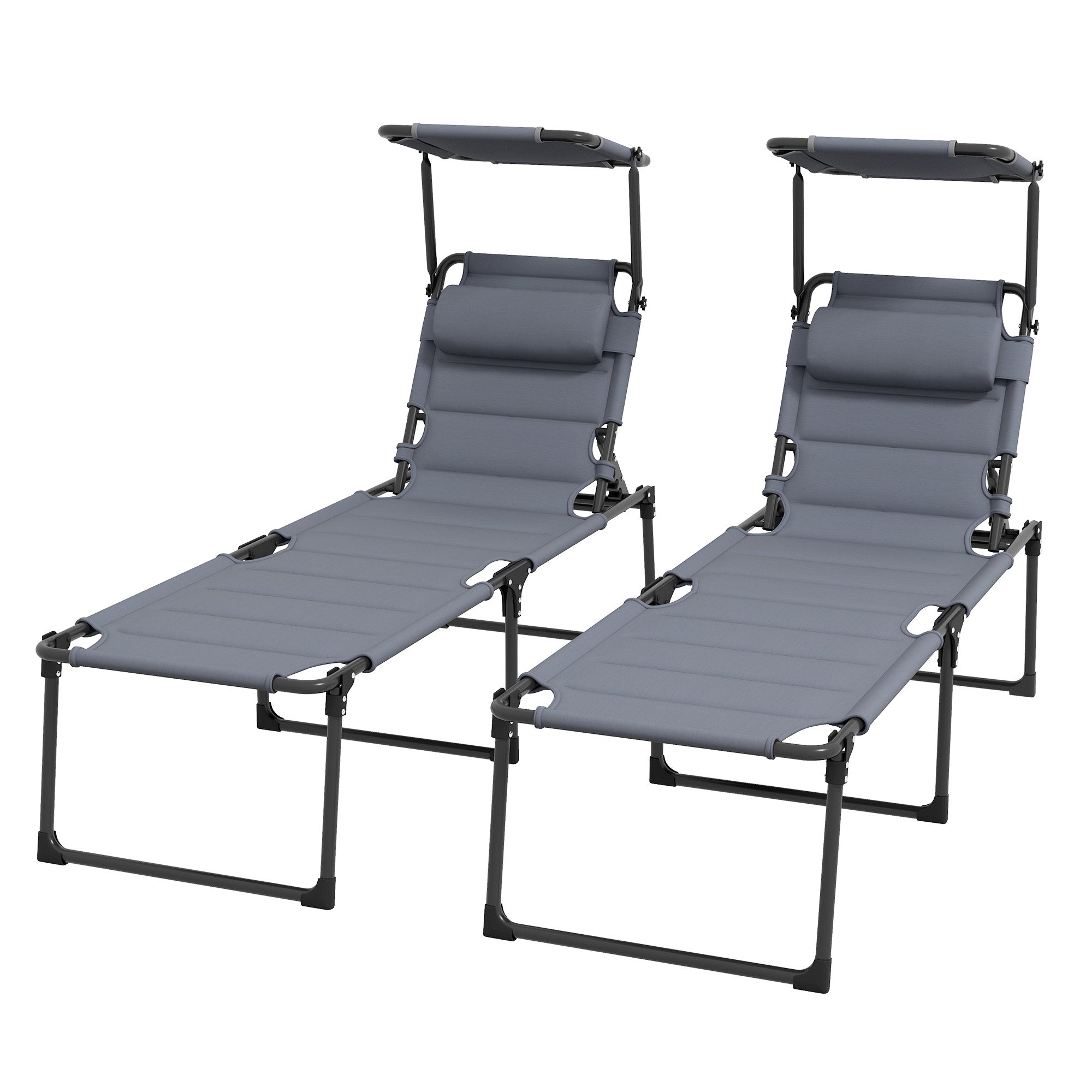 Set of 2 Foldable Comfortable Sun Loungers with Adjustable Sunshade and Multi-Position Reclining Backrest, Gray