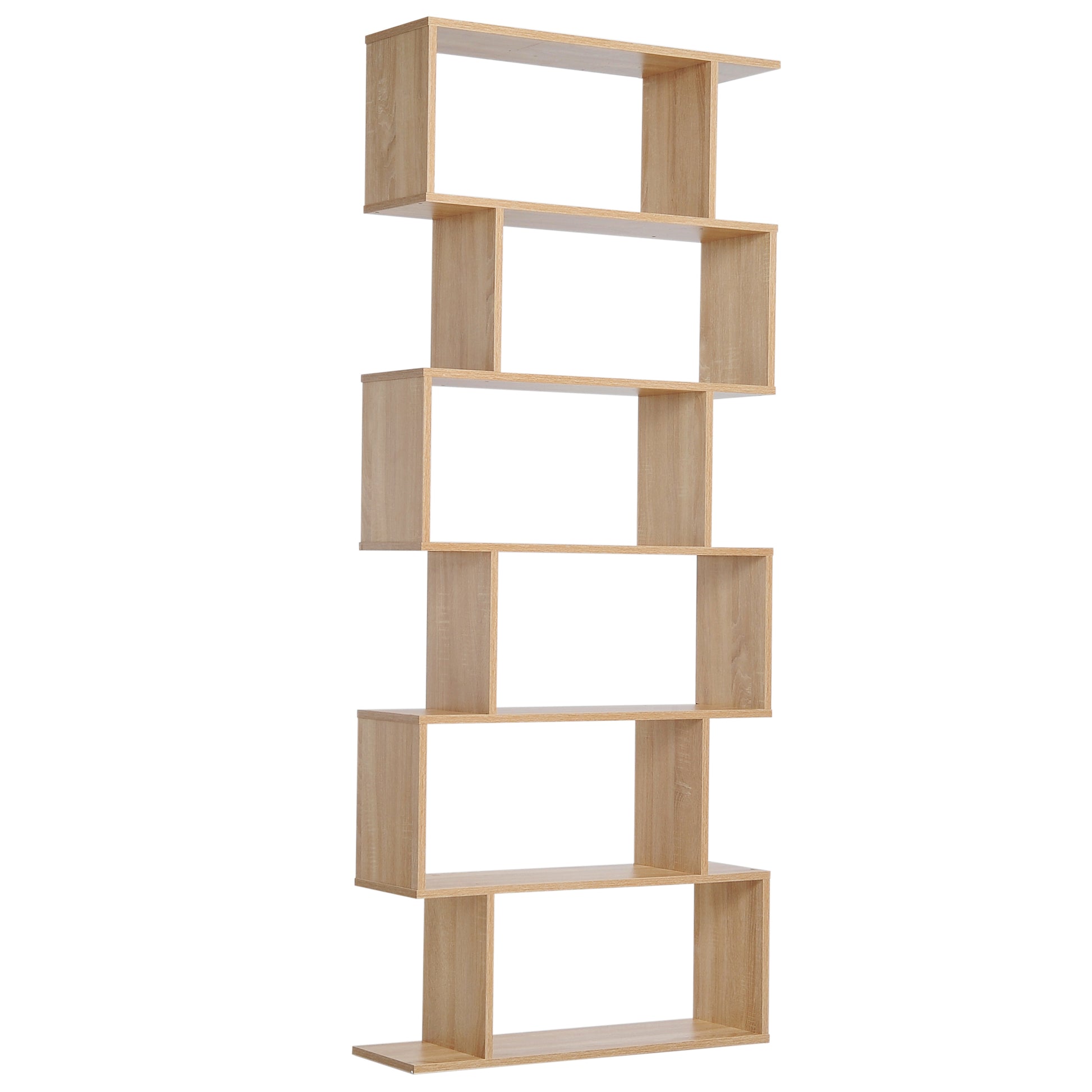 Zigzag Shelf Bookcase Contemporary Design 80L x 23W x 192H cm 6 Levels Light Oak Color