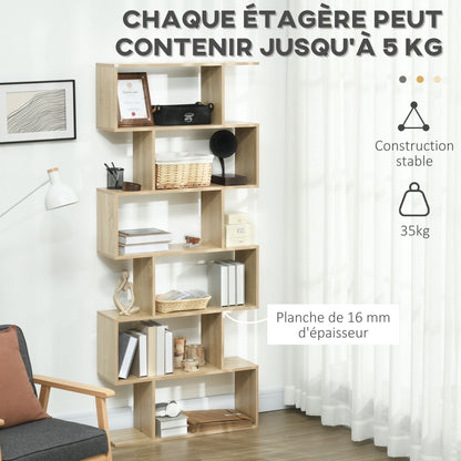 Zigzag Shelf Bookcase Contemporary Design 80L x 23W x 192H cm 6 Levels Light Oak Color