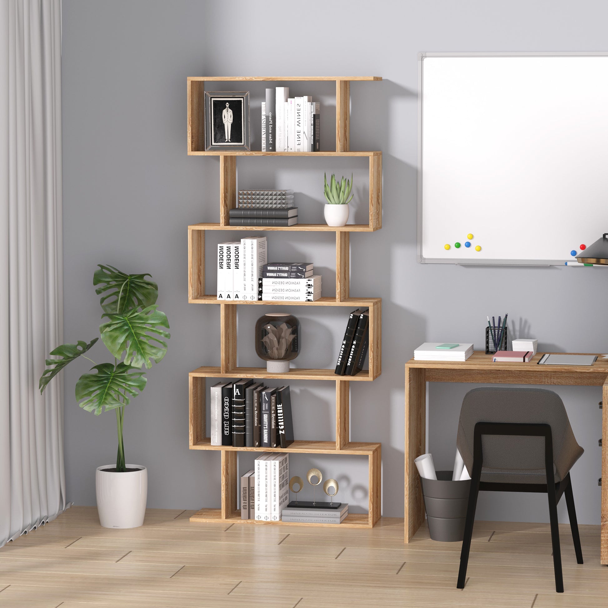 Zigzag Shelf Bookcase Contemporary Design 80L x 23W x 192H cm 6 Levels Light Oak Color