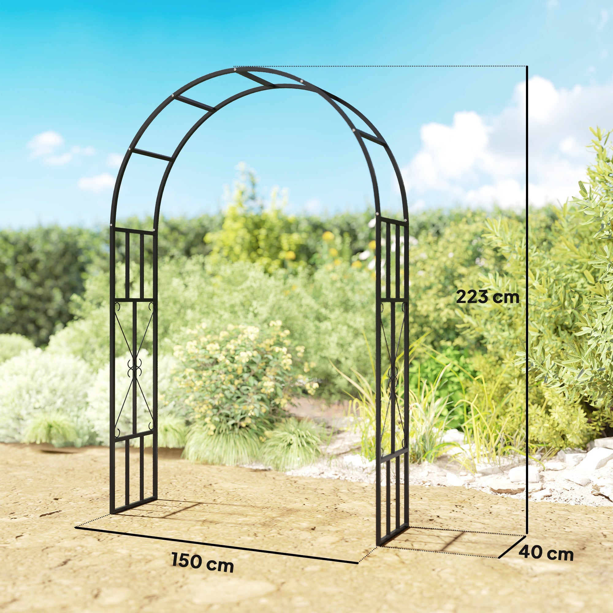 Steel Garden Arch, Rose Garden Arch for Climbing Plants, Roses, Wisteria, for Ceremony Decoration, 150 x 40 x 223 cm, black