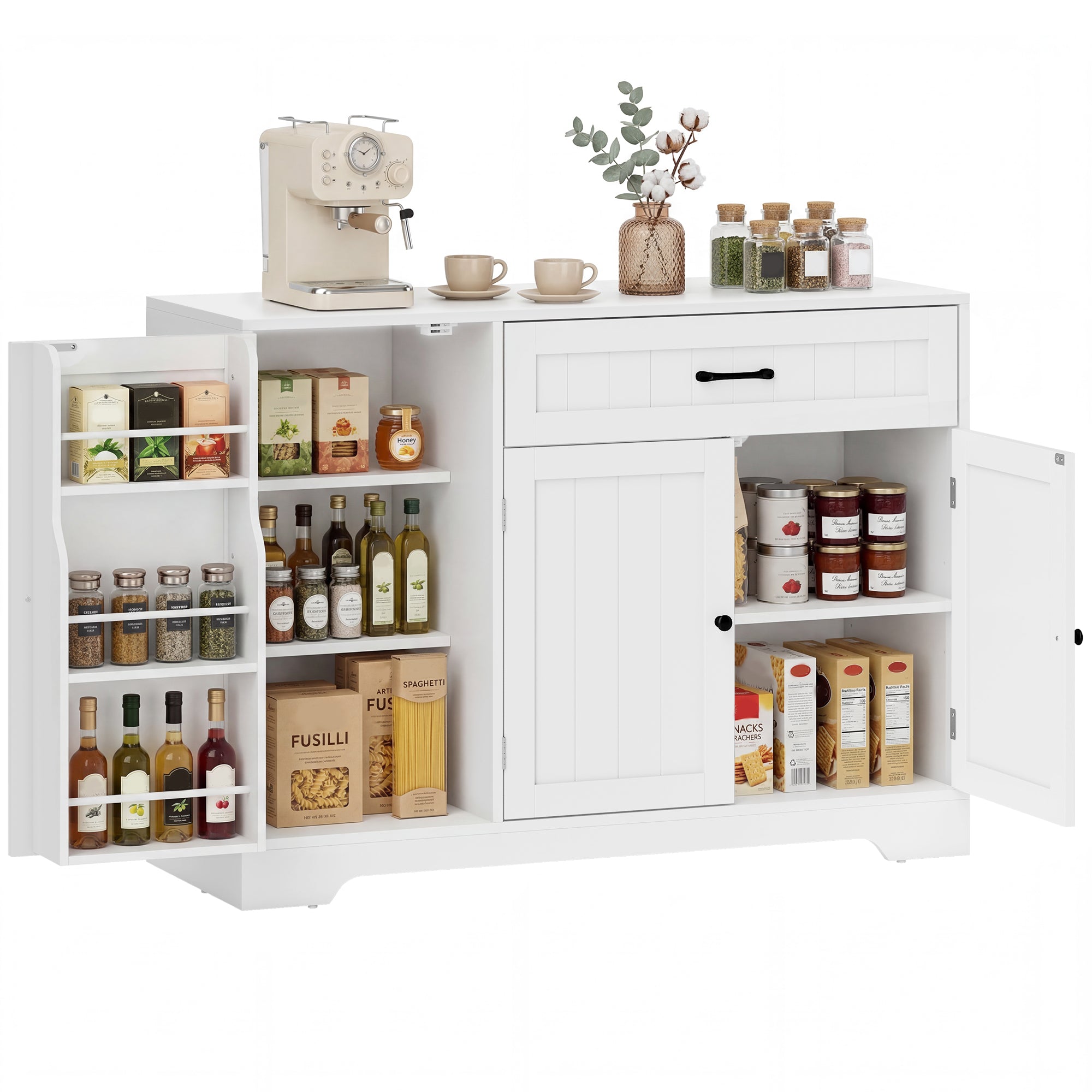Kitchen Buffet Sideboard with Drawer, 3 Soft-Close Doors, Hidden Racks & Adjustable Shelves — Fits TVs up to 55", White