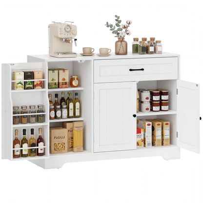 Kitchen Buffet Sideboard with Drawer, 3 Soft-Close Doors, Hidden Racks & Adjustable Shelves — Fits TVs up to 55", White