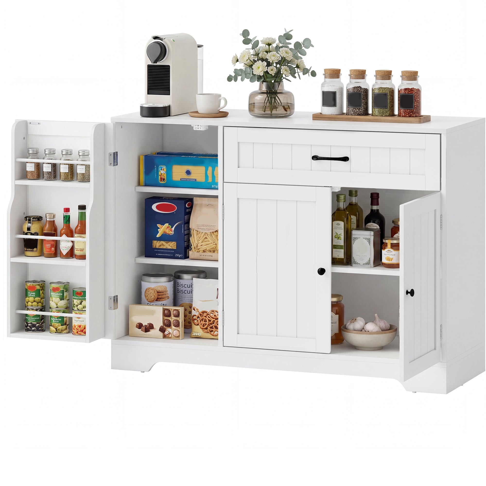 Kitchen Buffet Sideboard with Drawer, 3 Soft-Close Doors, Hidden Racks & Adjustable Shelves — Fits TVs up to 55", White