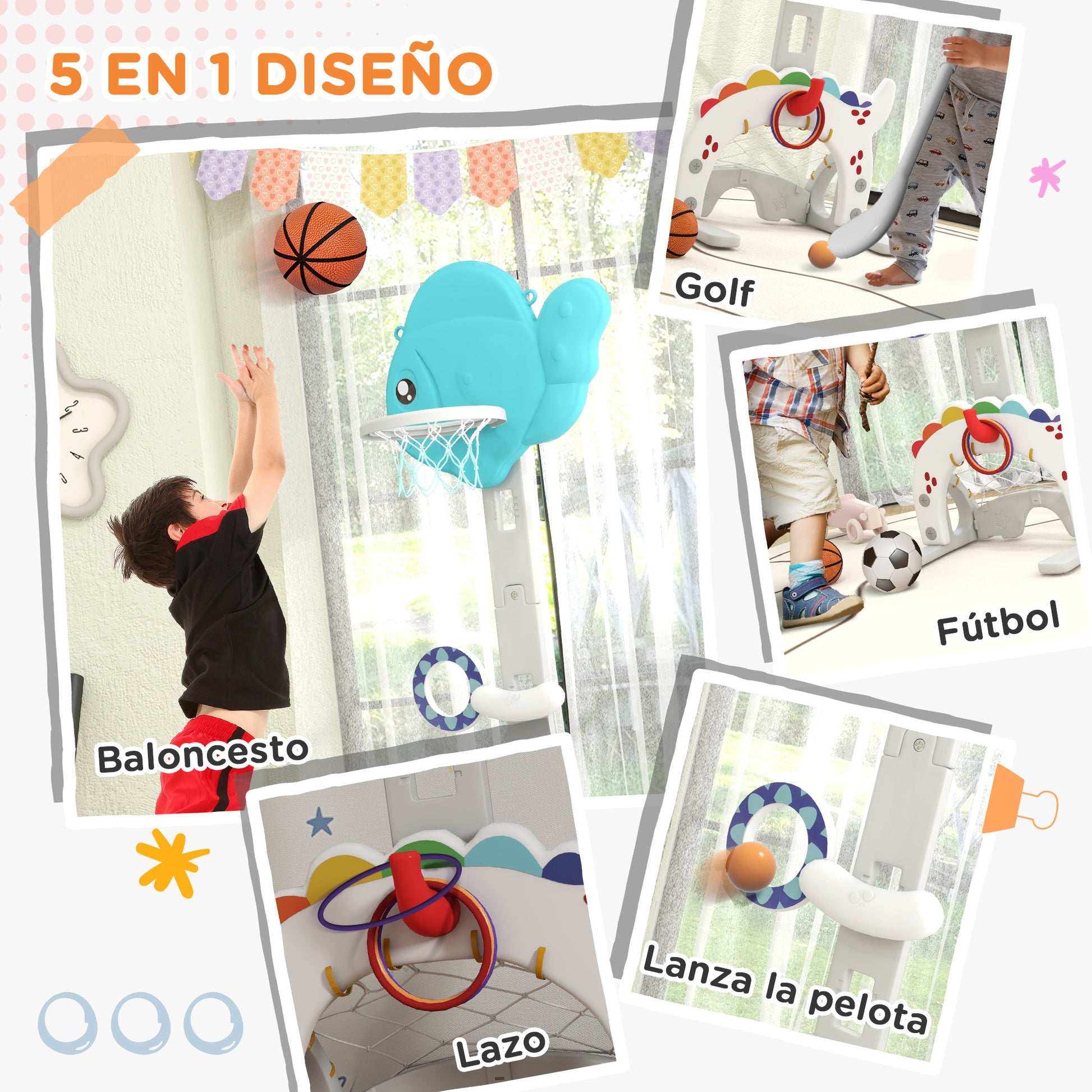 Kids' 5-in-1 Basketball Hoop Adjustable Height with Golden Fish Theme Soccer Golf Ring Ball Toss Game for Indoor Multicolor