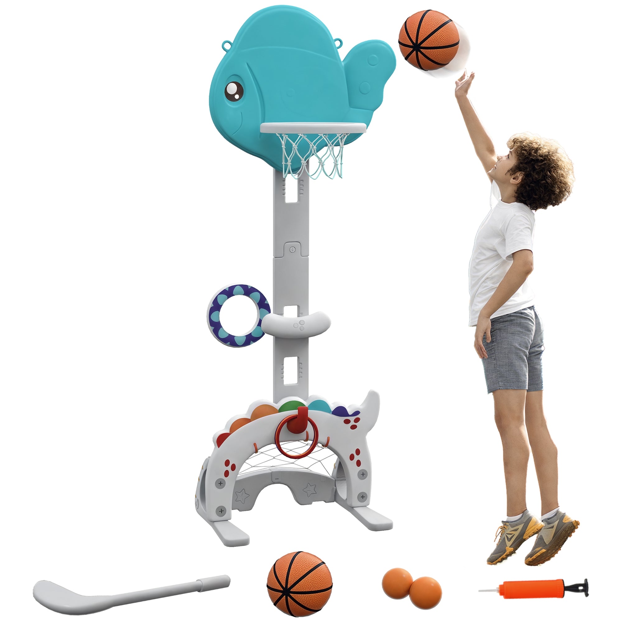 Kids' 5-in-1 Basketball Hoop Adjustable Height with Golden Fish Theme Soccer Golf Ring Ball Toss Game for Indoor Multicolor