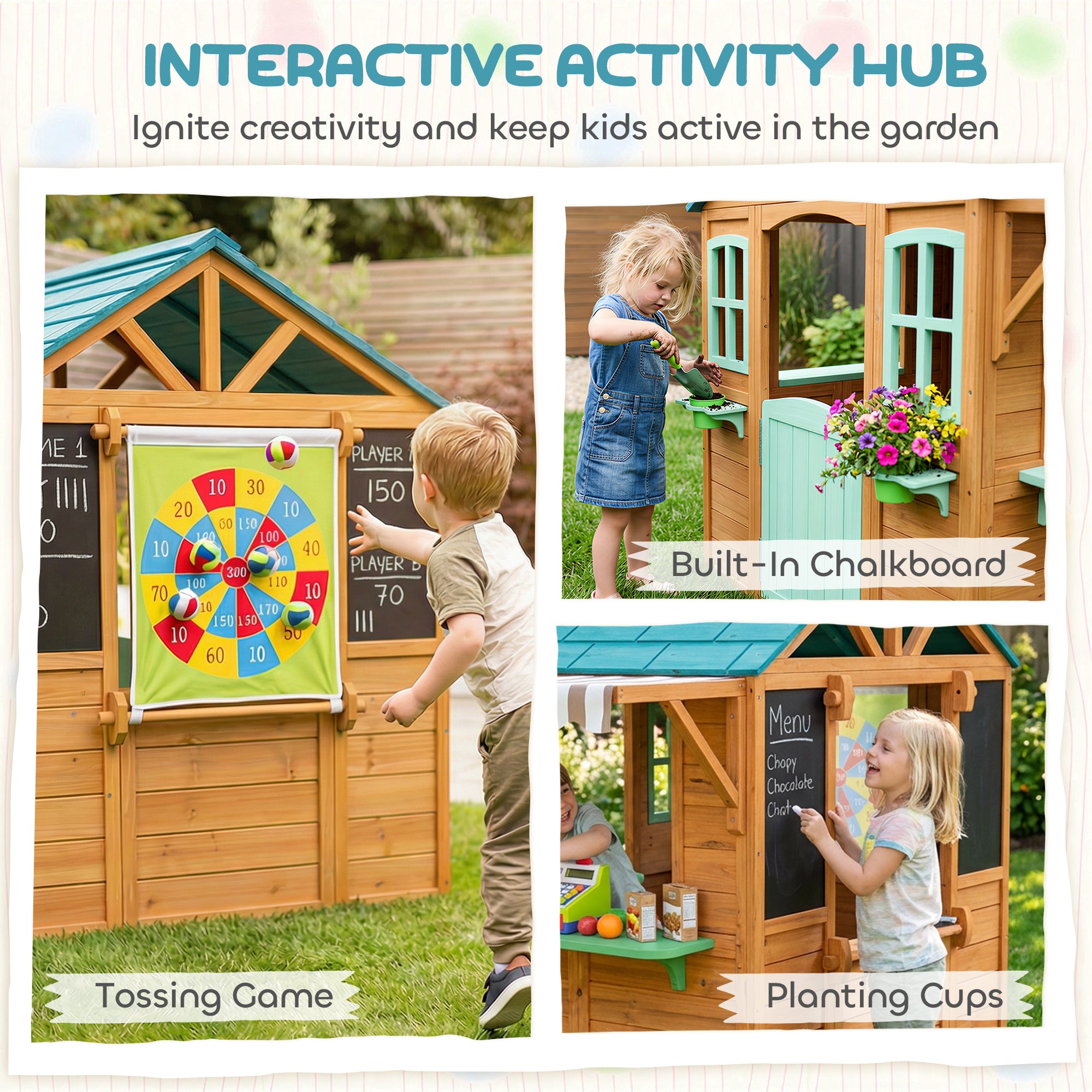 Wooden Outdoor Playhouse with Market Counter, Planters & Chalkboard – Multicolor, for Ages 3–6, 142 x 120 x 141.5 cm