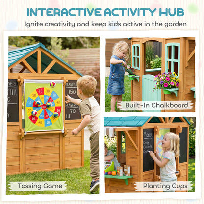 Wooden Outdoor Playhouse with Market Counter, Planters & Chalkboard – Multicolor, for Ages 3–6, 142 x 120 x 141.5 cm