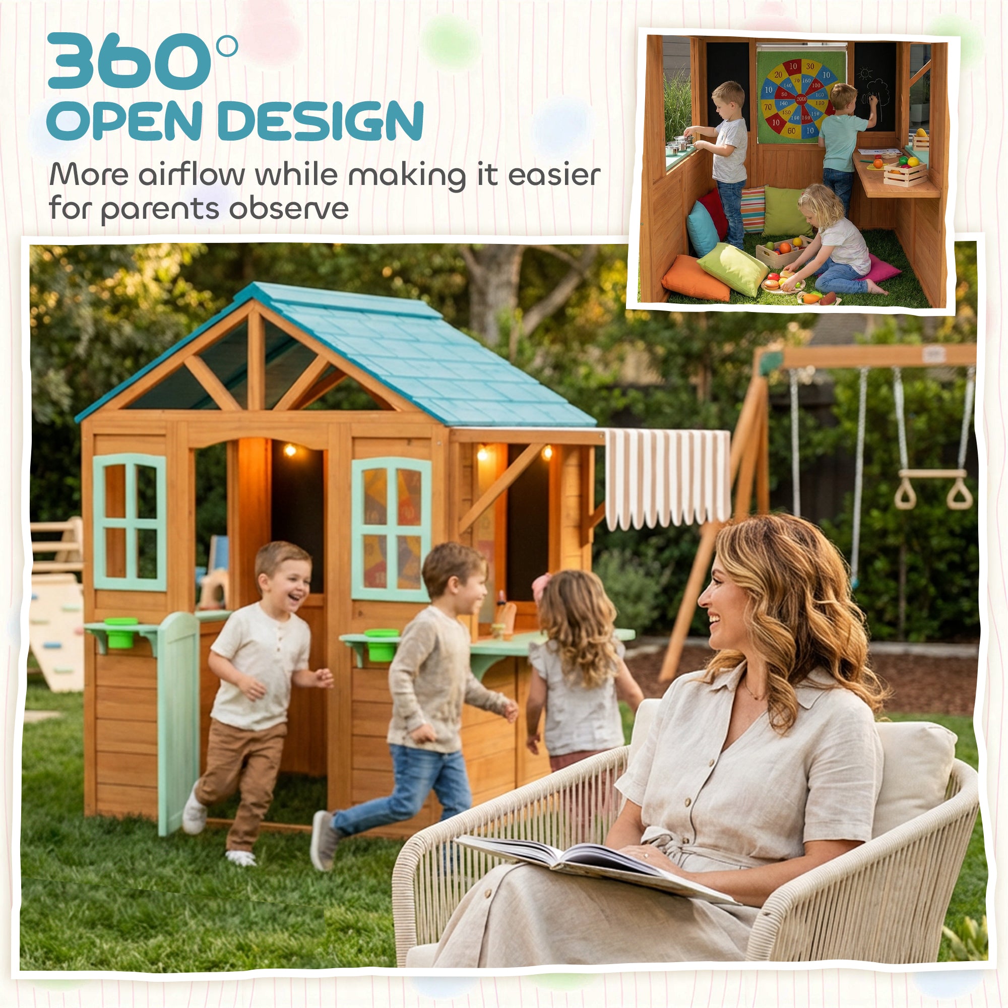 Wooden Outdoor Playhouse with Market Counter, Planters & Chalkboard – Multicolor, for Ages 3–6, 142 x 120 x 141.5 cm