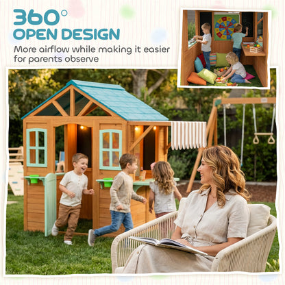 Wooden Outdoor Playhouse with Market Counter, Planters & Chalkboard – Multicolor, for Ages 3–6, 142 x 120 x 141.5 cm
