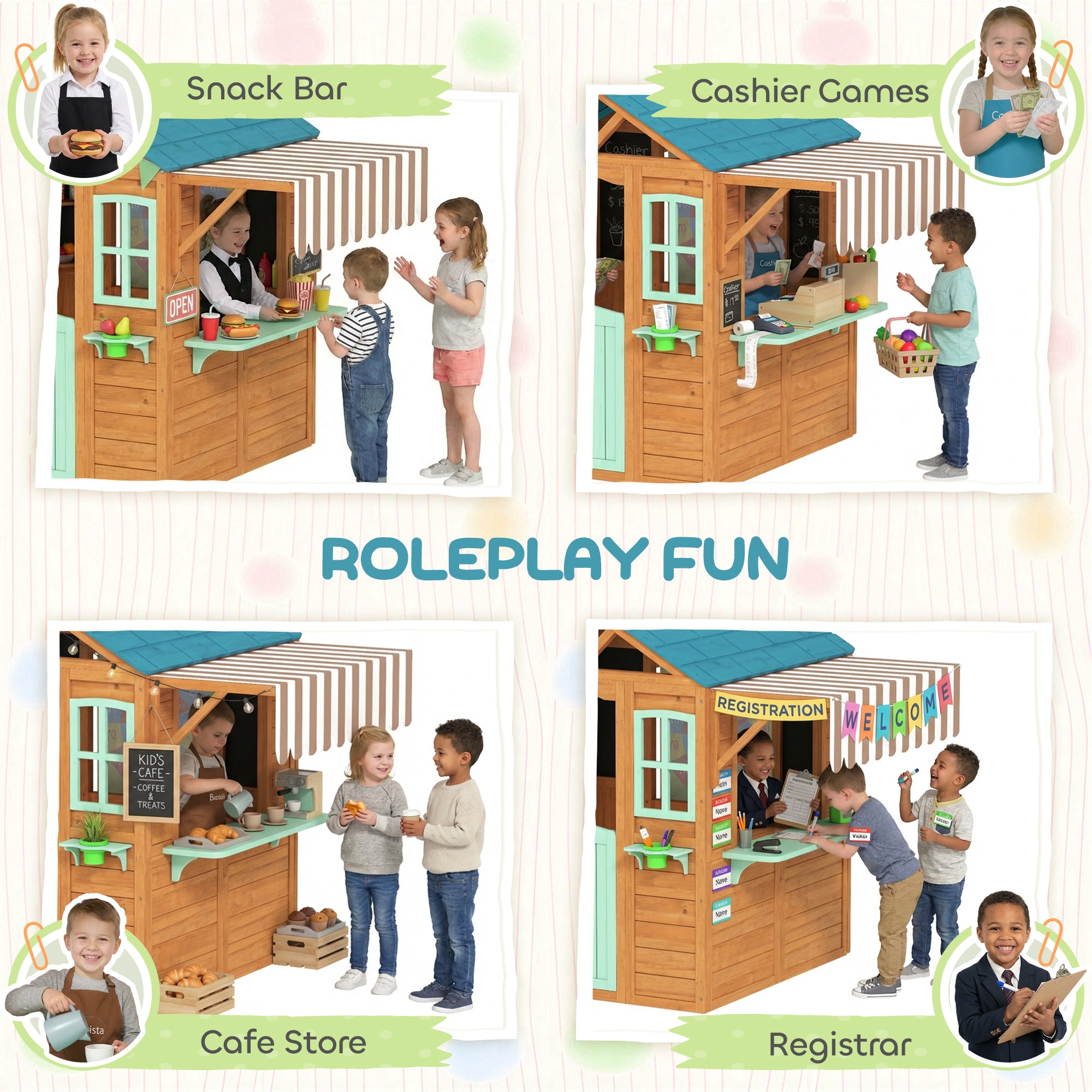 Wooden Outdoor Playhouse with Market Counter, Planters & Chalkboard – Multicolor, for Ages 3–6, 142 x 120 x 141.5 cm