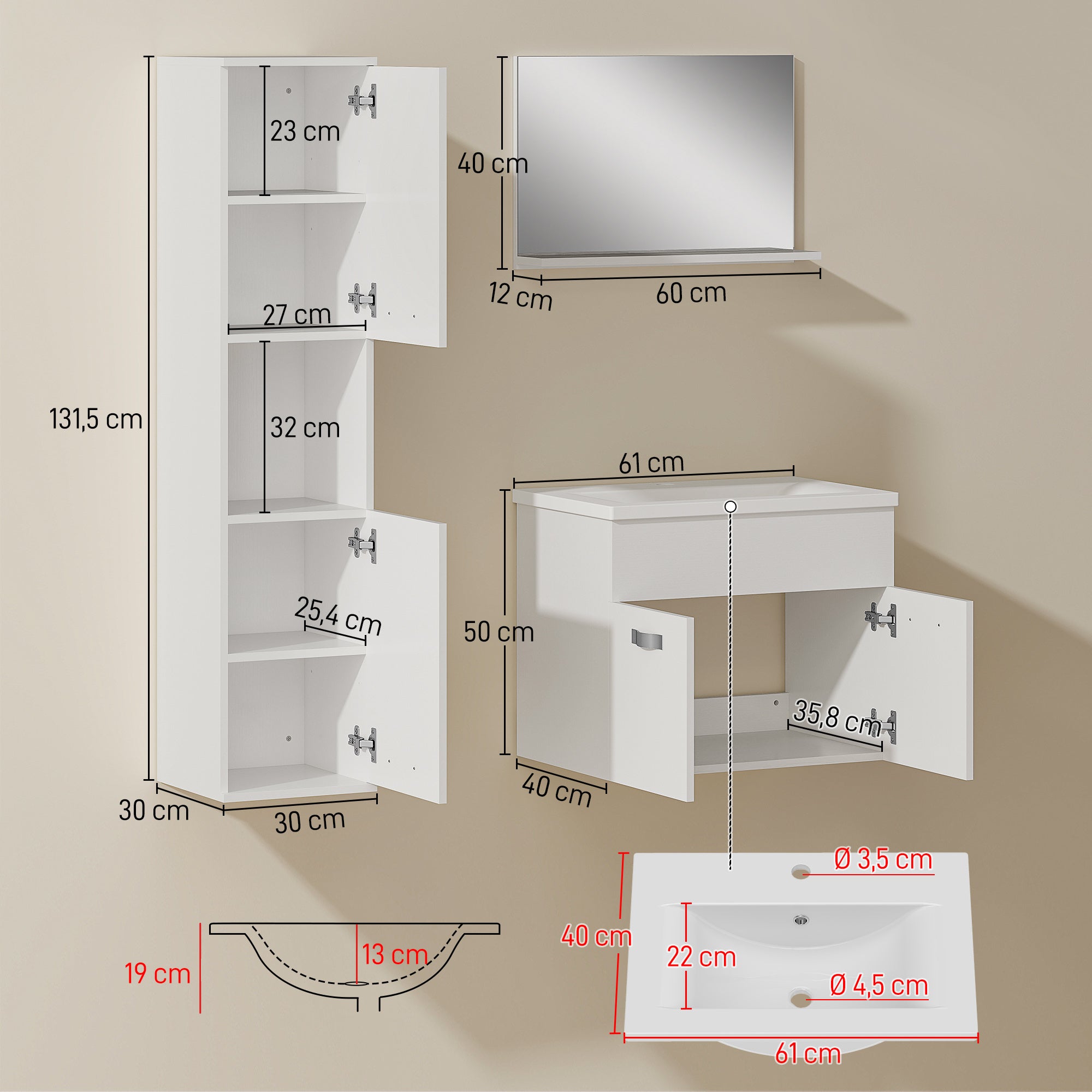 4-Piece Wall-Mounted Bathroom Vanity Set with Ceramic Basin, Tall Storage Cabinet & Mirror — Modern White