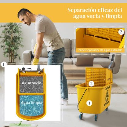 Mop Bucket with Wheels 20 L Capacity Mop Bucket with Wringer System Mop and Transport Handle for Home and Commercial Use Yellow