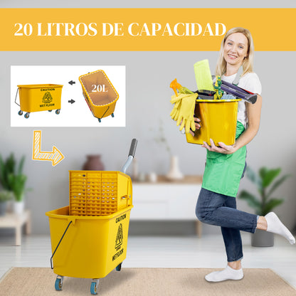 Mop Bucket with Wheels 20 L Capacity Mop Bucket with Wringer System Mop and Transport Handle for Home and Commercial Use Yellow