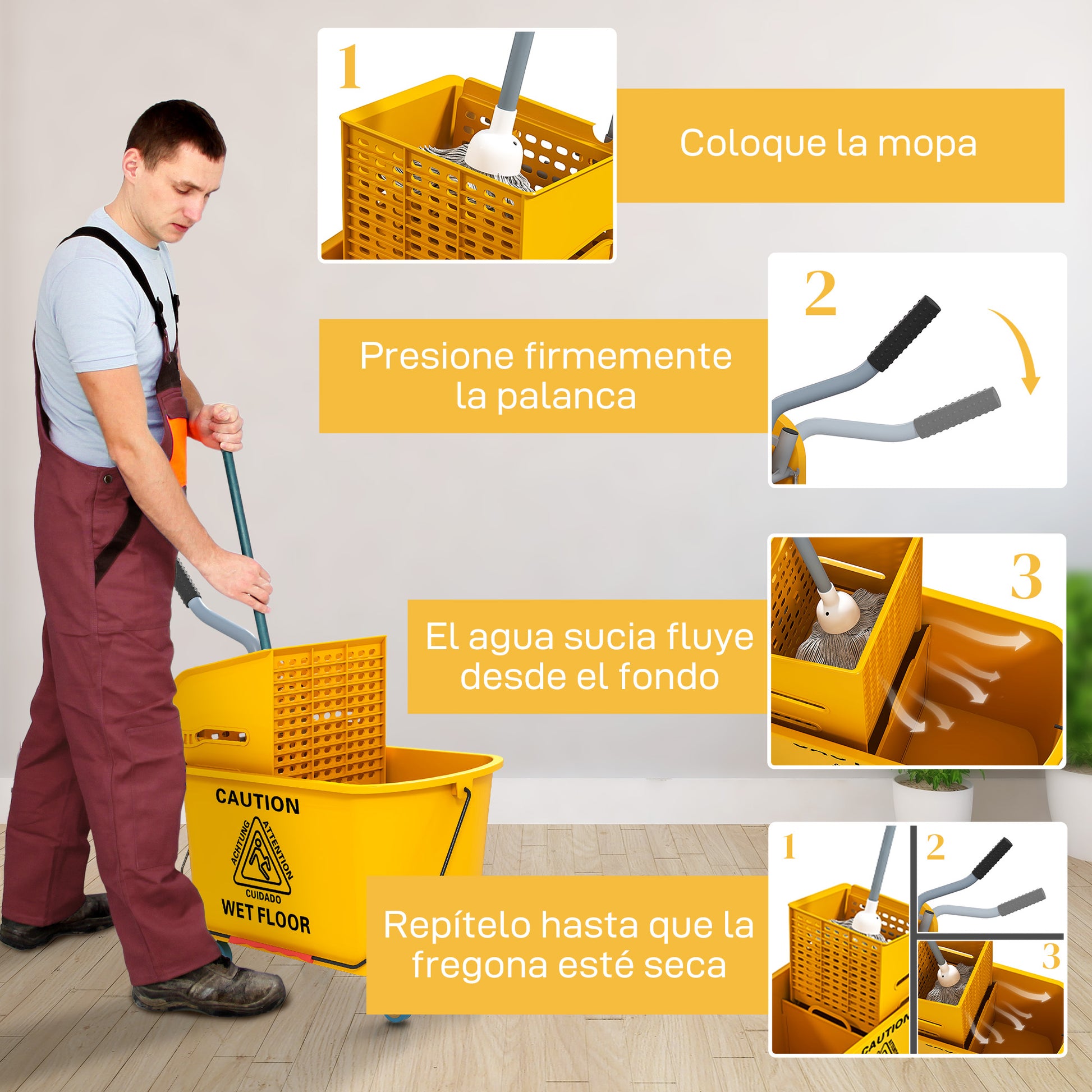 Mop Bucket with Wheels 20 L Capacity Mop Bucket with Wringer System Mop and Transport Handle for Home and Commercial Use Yellow
