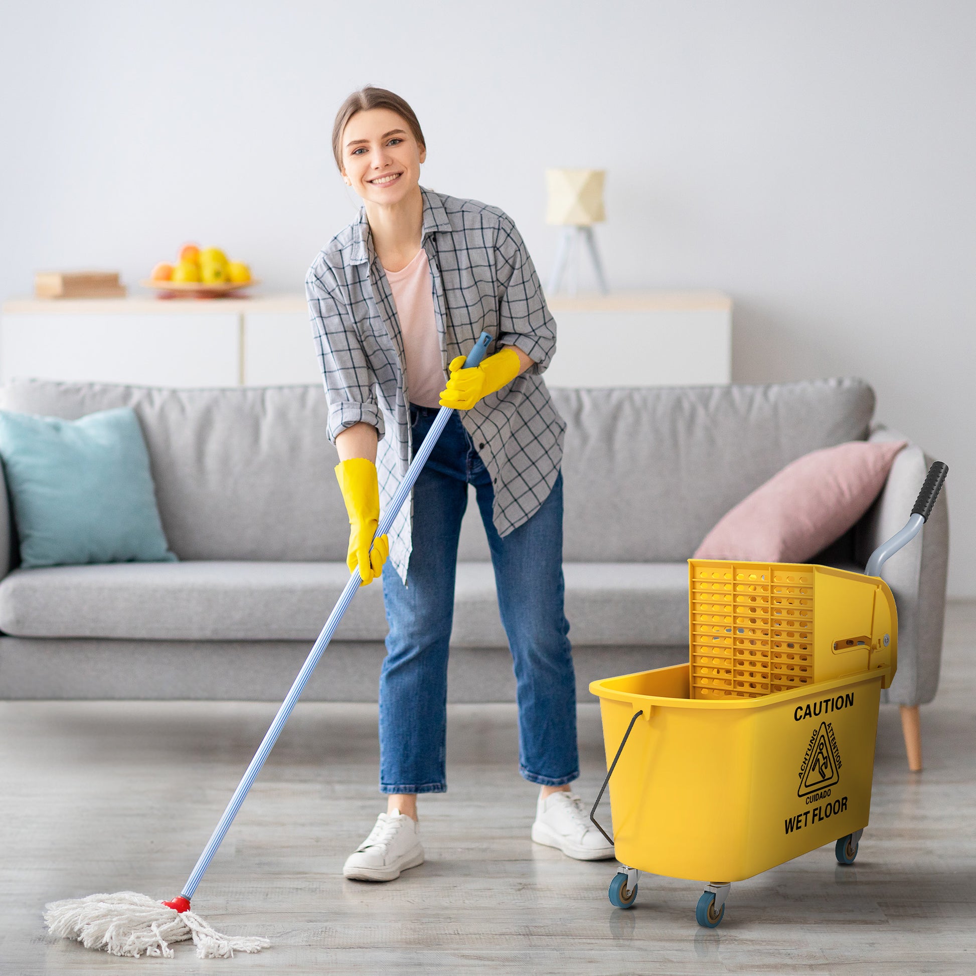 Mop Bucket with Wheels 20 L Capacity Mop Bucket with Wringer System Mop and Transport Handle for Home and Commercial Use Yellow