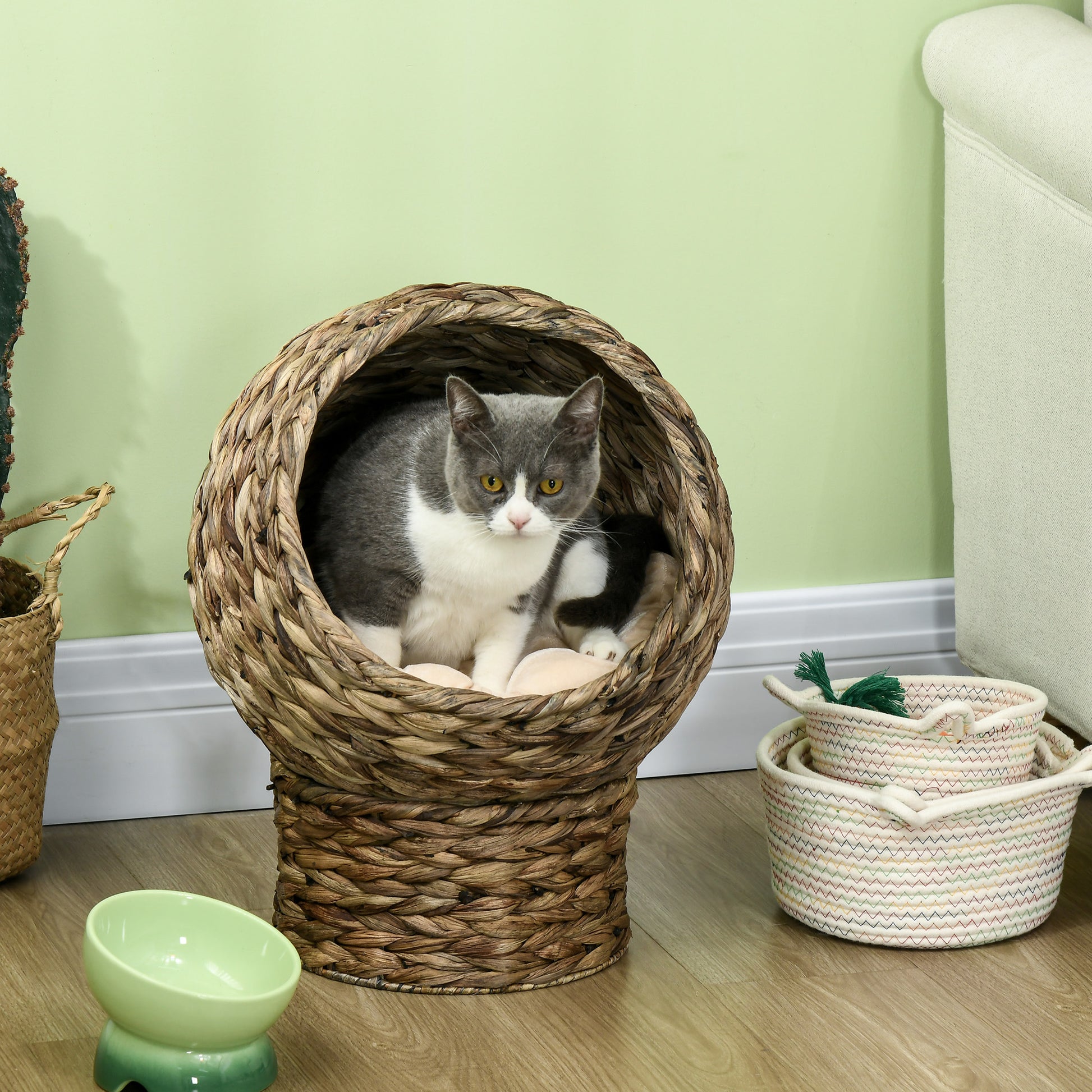 Rattan Cat Basket Cat Cave Cat Cottage Cat Bed with Cushion Pet Bed Water Hyacinth Coffee 42 x 33 x 52 cm