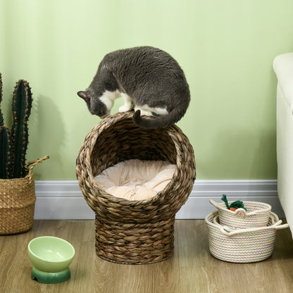 Rattan Cat Basket Cat Cave Cat Cottage Cat Bed with Cushion Pet Bed Water Hyacinth Coffee 42 x 33 x 52 cm