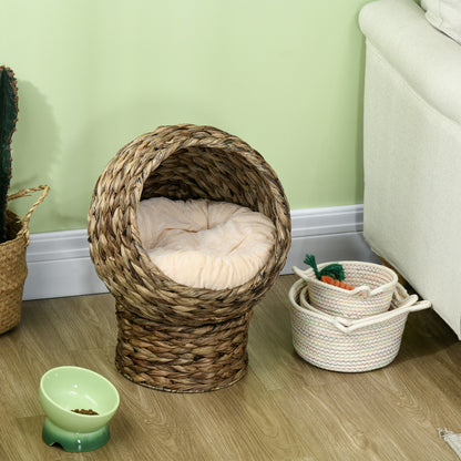 Rattan Cat Basket Cat Cave Cat Cottage Cat Bed with Cushion Pet Bed Water Hyacinth Coffee 42 x 33 x 52 cm