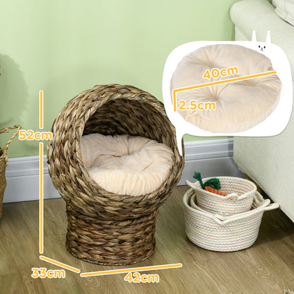 Rattan Cat Basket Cat Cave Cat Cottage Cat Bed with Cushion Pet Bed Water Hyacinth Coffee 42 x 33 x 52 cm