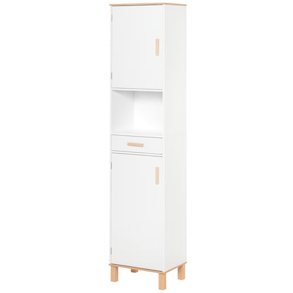 Space Saving Bathroom Cabinet in Wood, Tall Cabinet with Cabinets and Drawer, 15.35x11.81x70.87", White