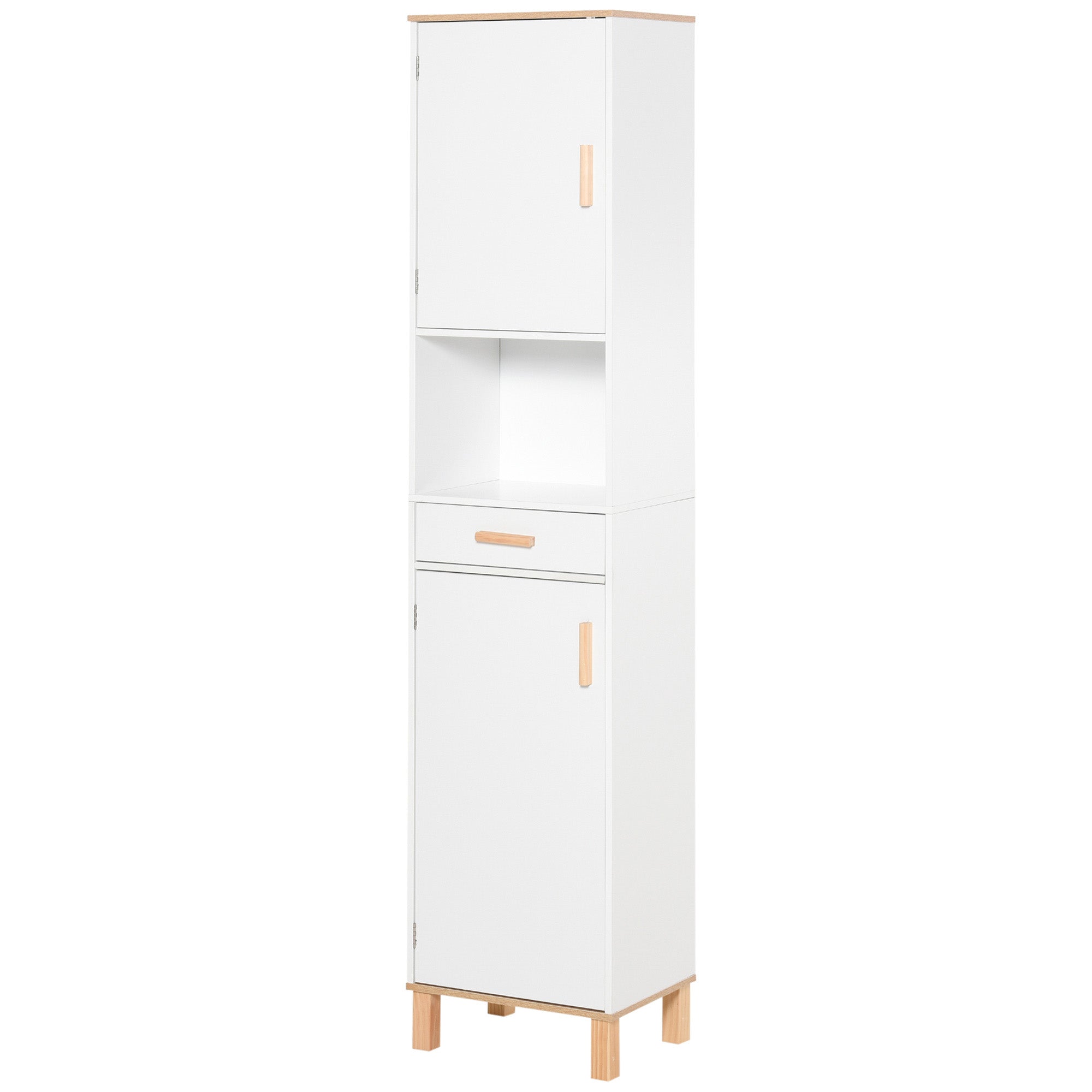 Space Saving Bathroom Cabinet in Wood, Tall Cabinet with Cabinets and Drawer, 15.35x11.81x70.87", White