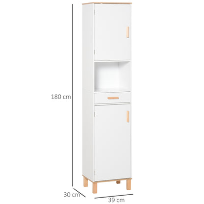 Space Saving Bathroom Cabinet in Wood, Tall Cabinet with Cabinets and Drawer, 15.35x11.81x70.87", White