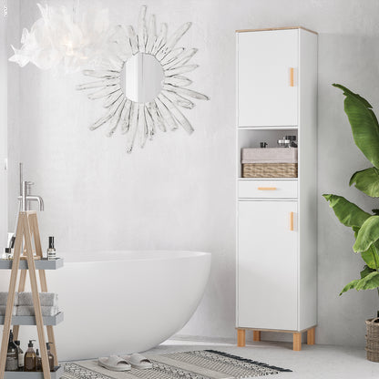 Space Saving Bathroom Cabinet in Wood, Tall Cabinet with Cabinets and Drawer, 15.35x11.81x70.87", White