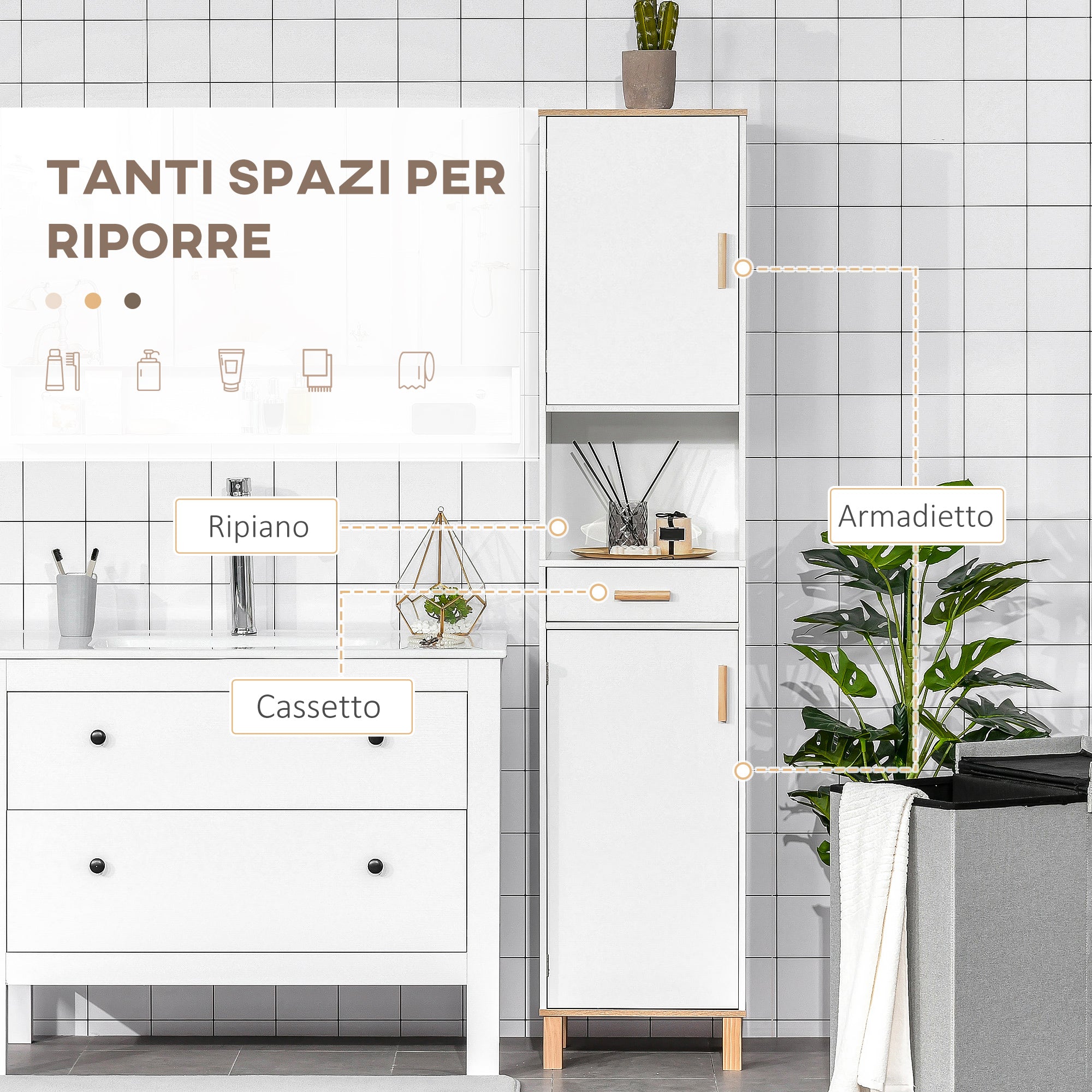 Space Saving Bathroom Cabinet in Wood, Tall Cabinet with Cabinets and Drawer, 15.35x11.81x70.87", White