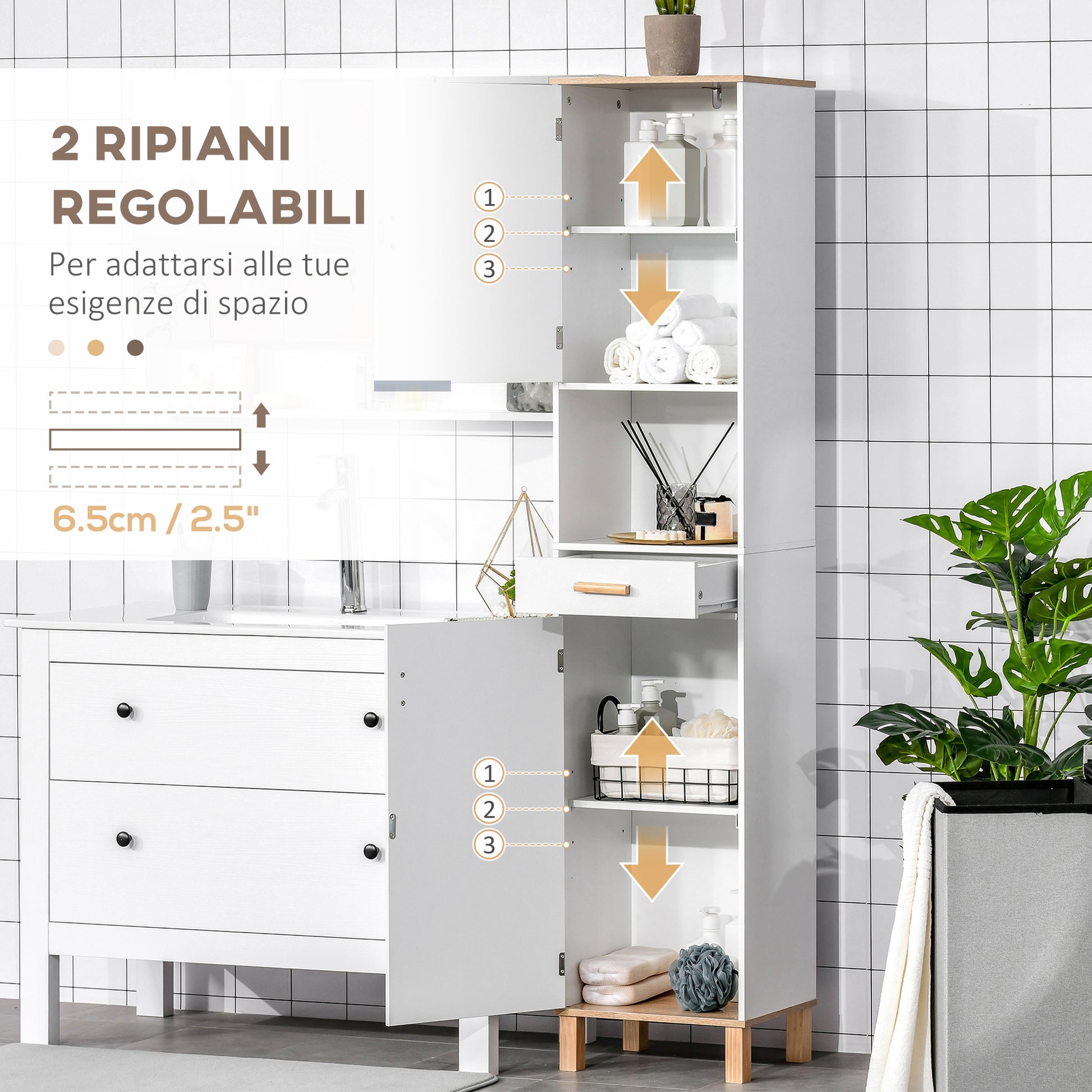 Space Saving Bathroom Cabinet in Wood, Tall Cabinet with Cabinets and Drawer, 15.35x11.81x70.87", White
