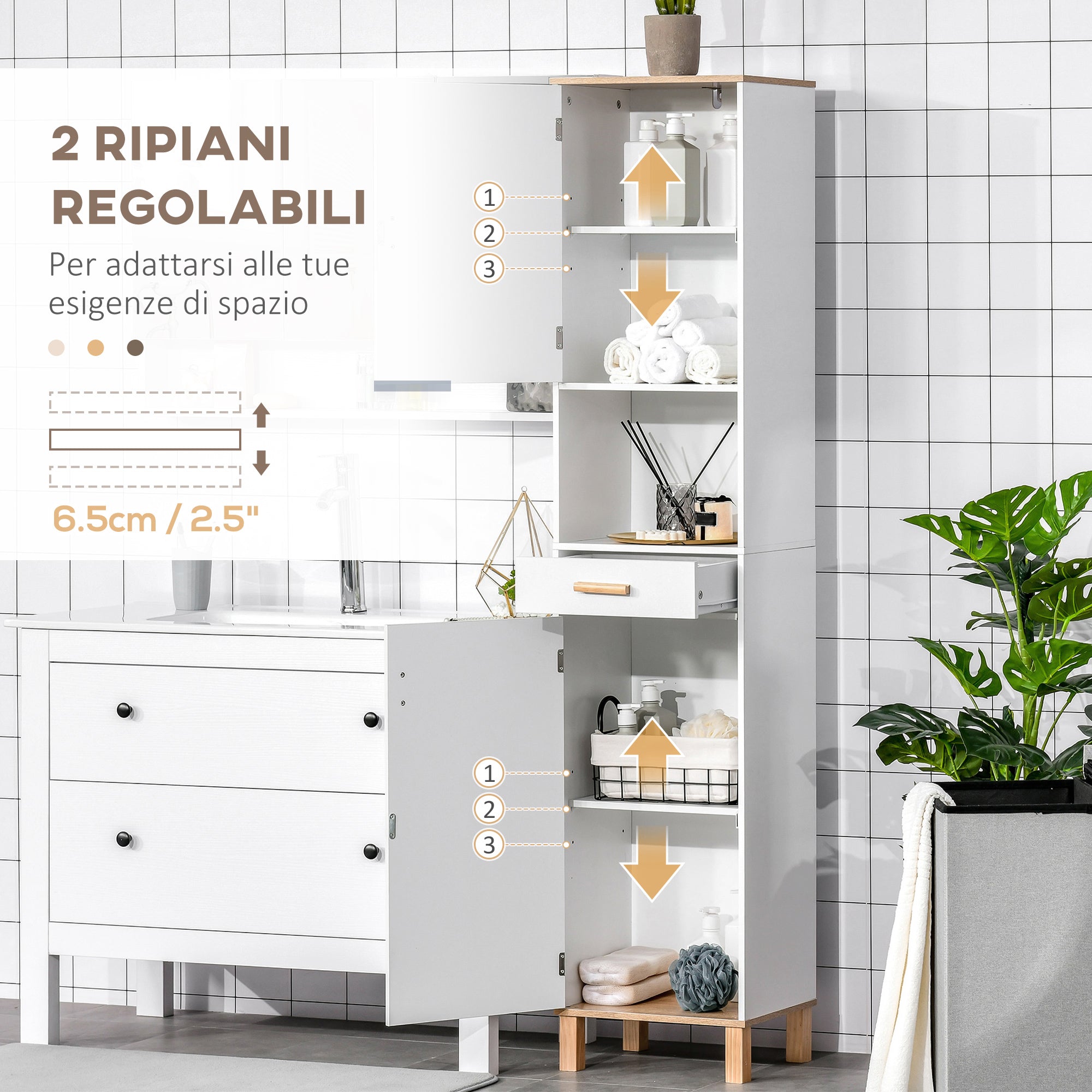 Space Saving Bathroom Cabinet in Wood, Tall Cabinet with Cabinets and Drawer, 15.35x11.81x70.87", White
