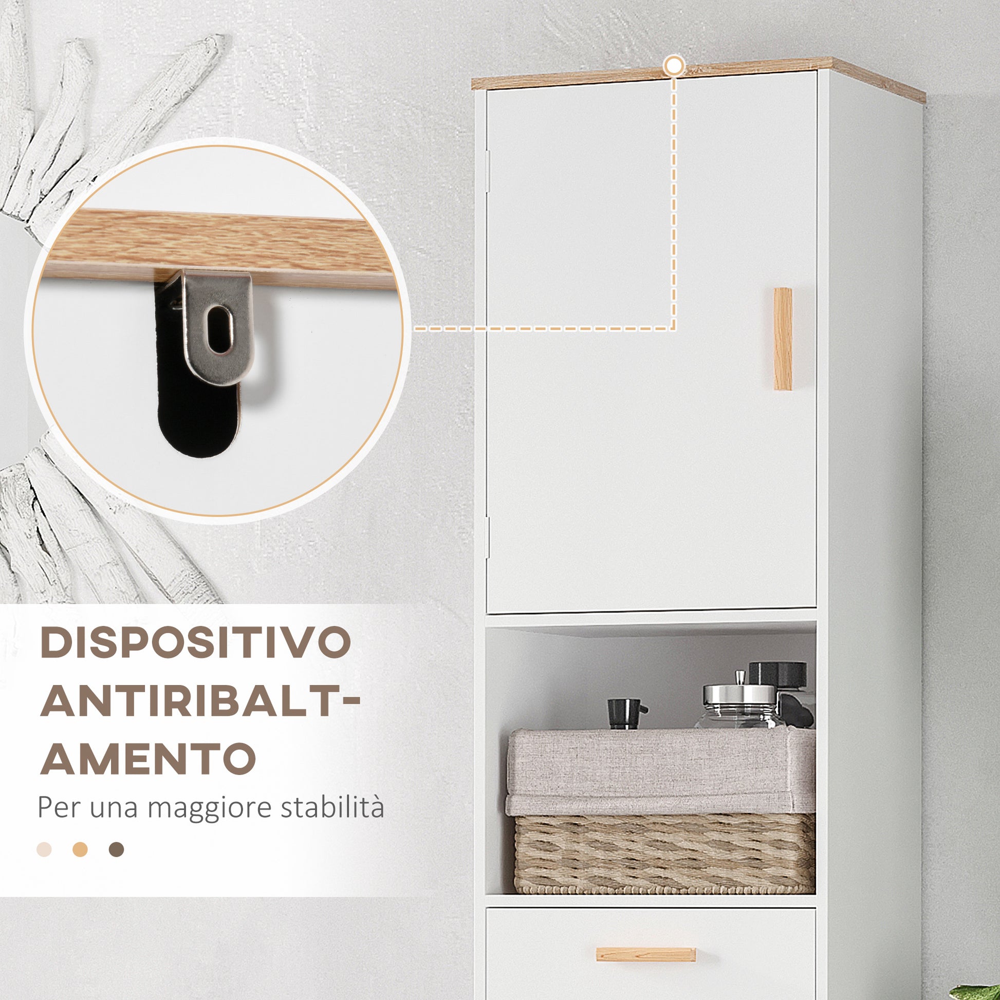 Space Saving Bathroom Cabinet in Wood, Tall Cabinet with Cabinets and Drawer, 15.35x11.81x70.87", White