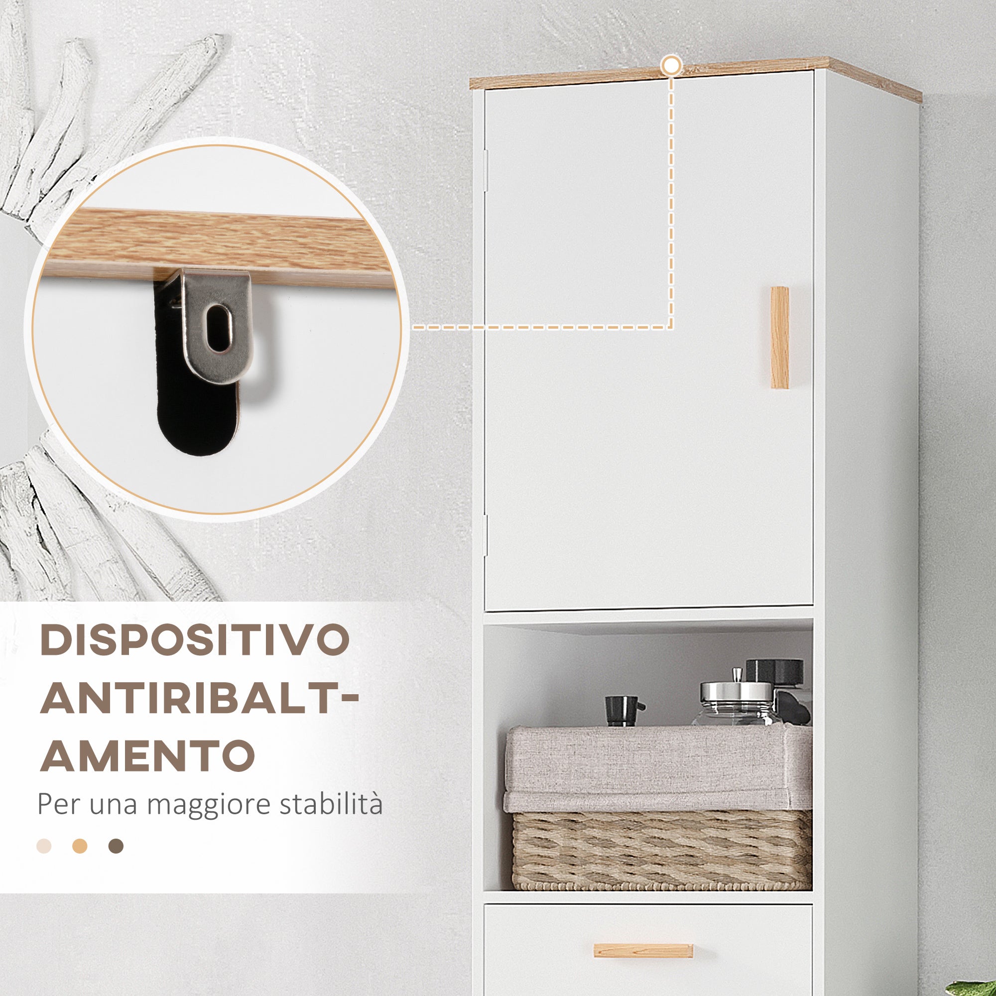 Space Saving Bathroom Cabinet in Wood, Tall Cabinet with Cabinets and Drawer, 15.35x11.81x70.87", White