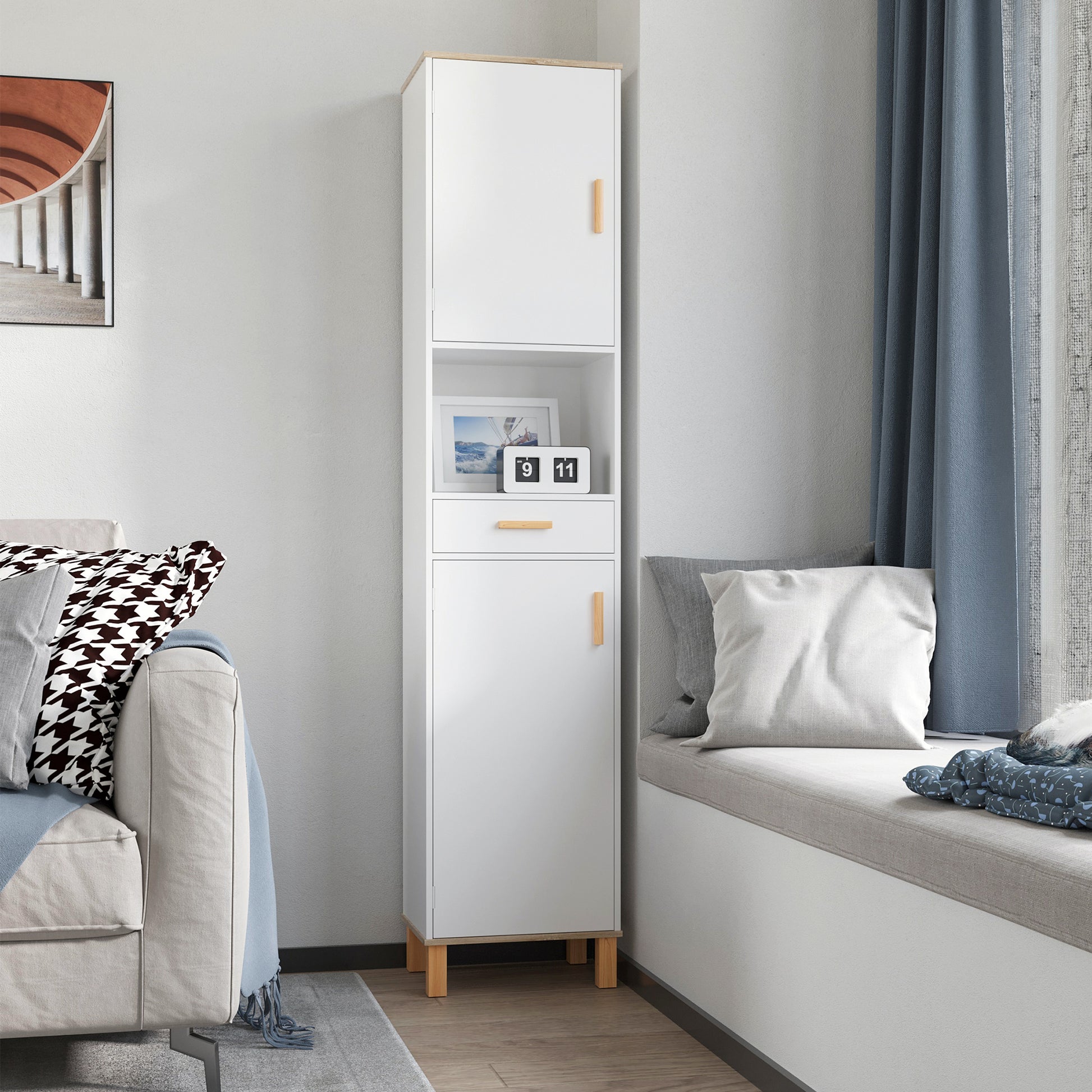 Space Saving Bathroom Cabinet in Wood, Tall Cabinet with Cabinets and Drawer, 15.35x11.81x70.87", White