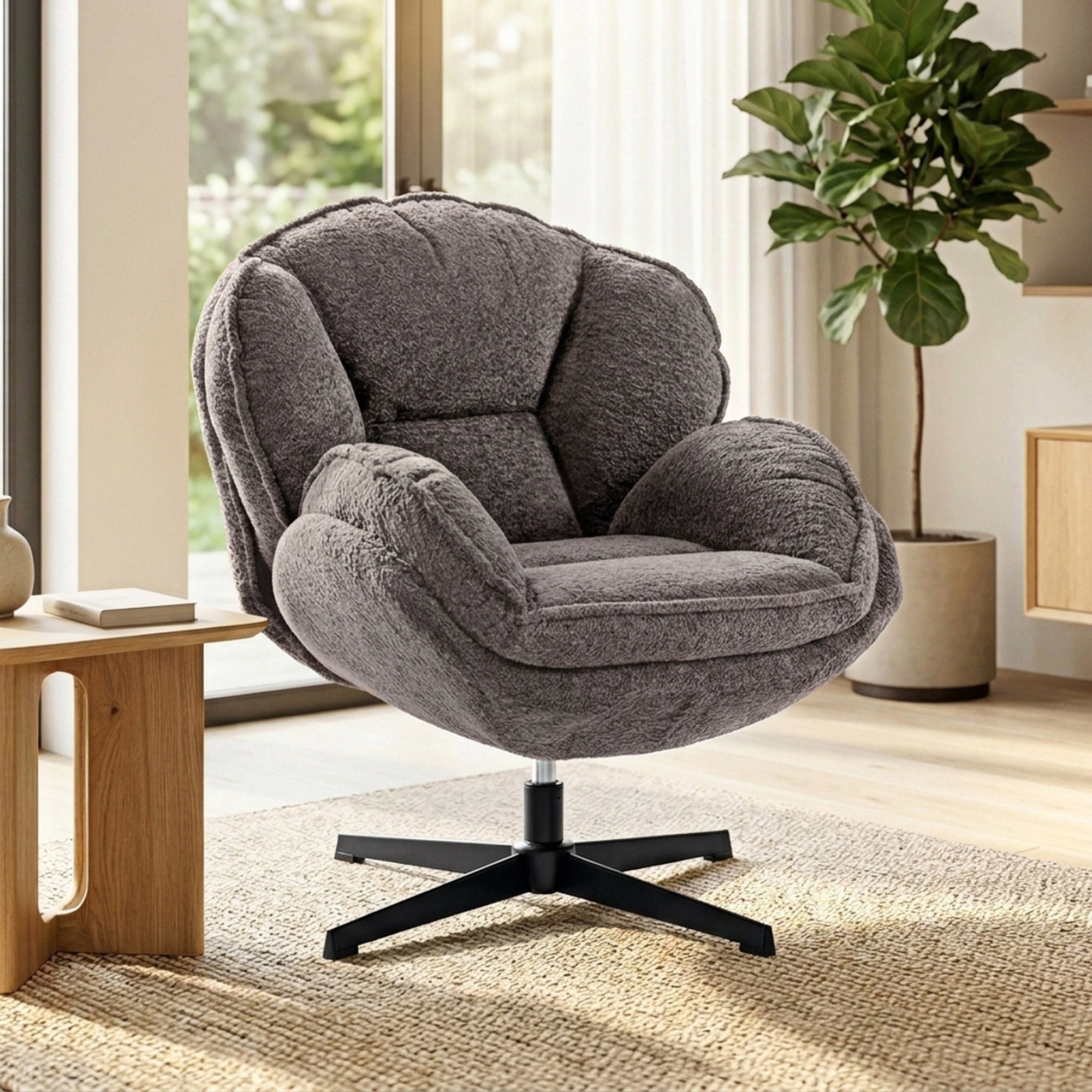Wingback Swivel Lounge Chair, Padded Velvet-Feel Upholstery, Metal Legs, Comfortable Relax Chair for Living Room & Bedroom, Gray