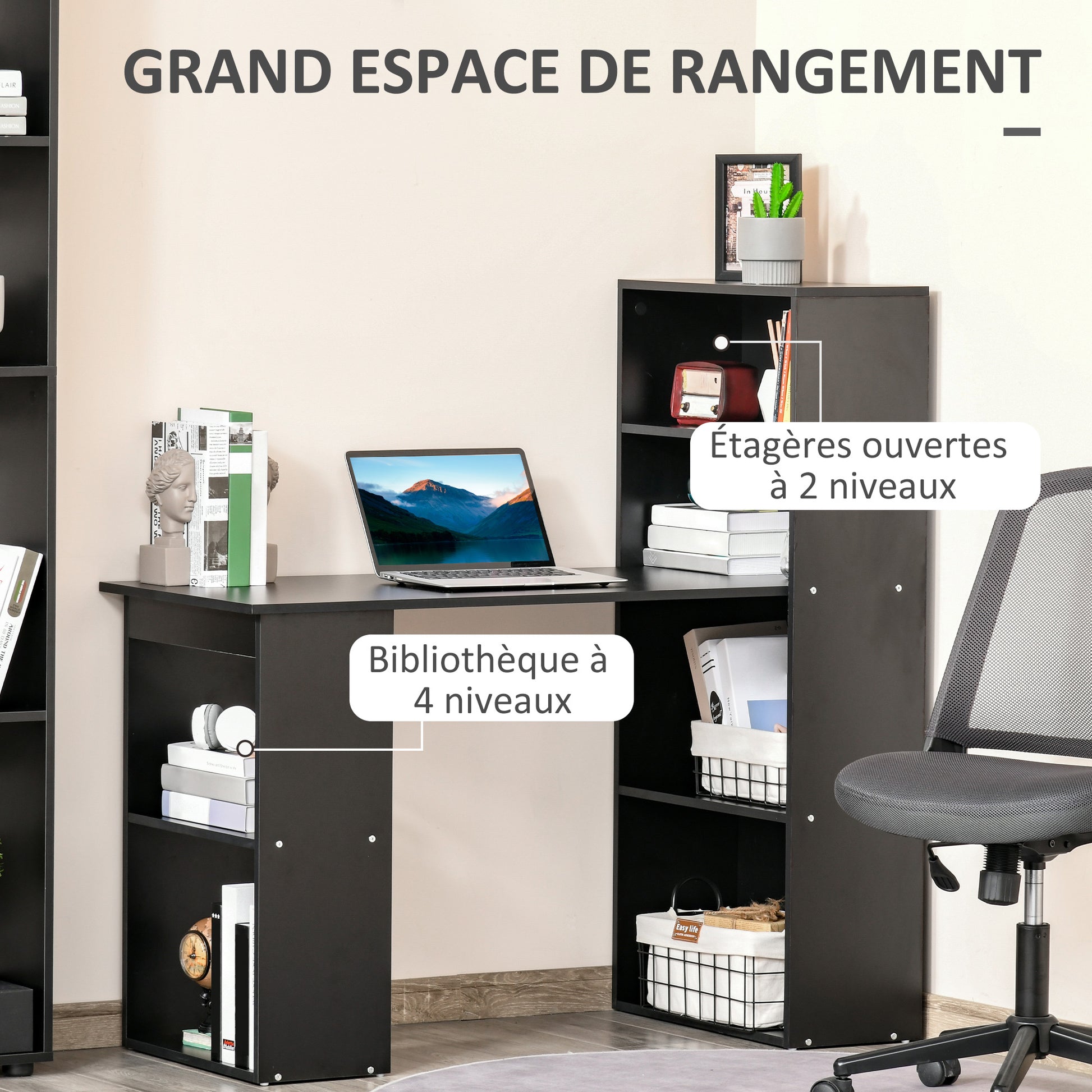 Computer Desk with Storage, 6 Open Compartments, Computer Table for Bedroom, Studio, 120 x 55 x 120 cm, Black