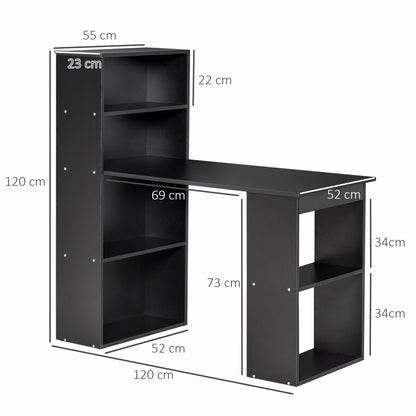 Computer Desk with Storage, 6 Open Compartments, Computer Table for Bedroom, Studio, 120 x 55 x 120 cm, Black