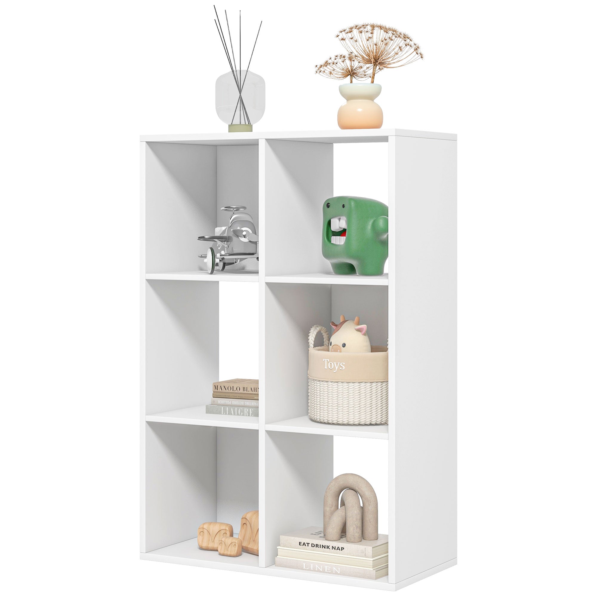 Cube Bookcase with 6 Shelves Storage Organizer in Rustic Design, Modern Wooden Bookcase, for Kids Room, Study, Office, 61.5x29.5x91.5 cm, White