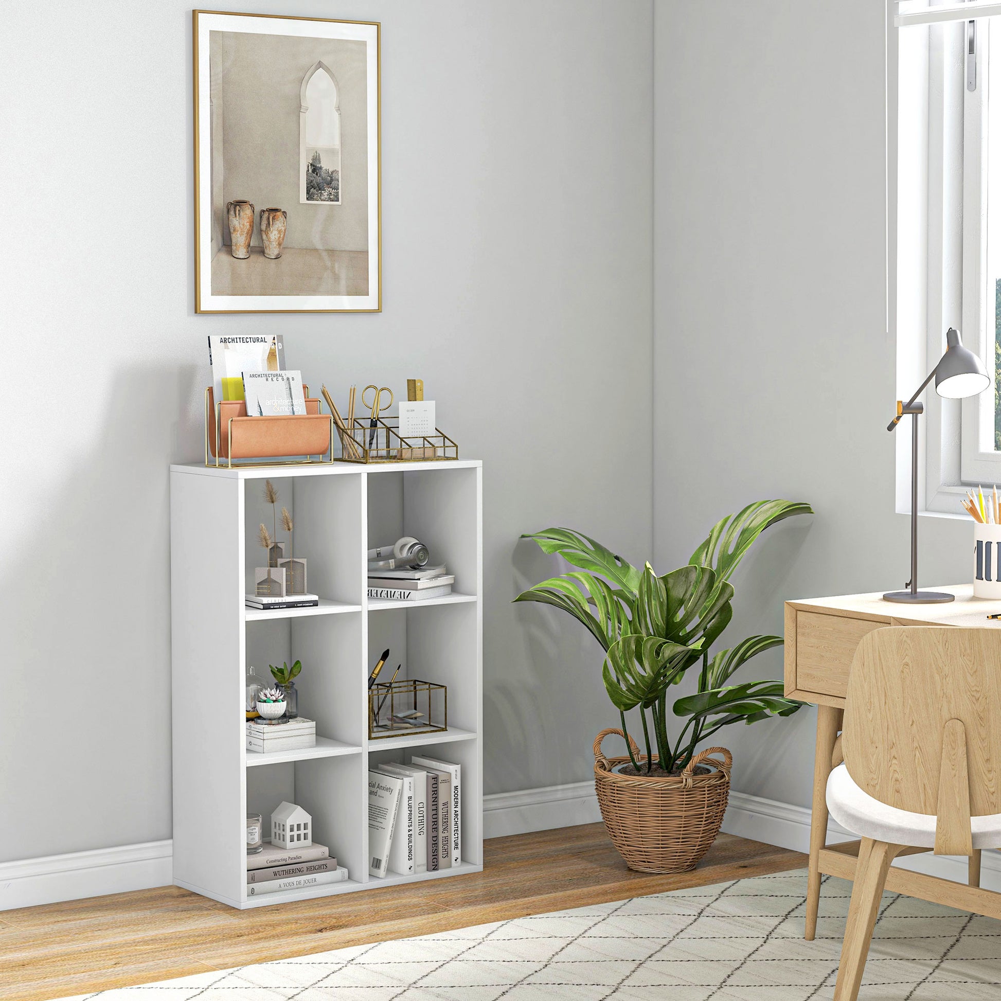 Cube Bookcase with 6 Shelves Storage Organizer in Rustic Design, Modern Wooden Bookcase, for Kids Room, Study, Office, 61.5x29.5x91.5 cm, White