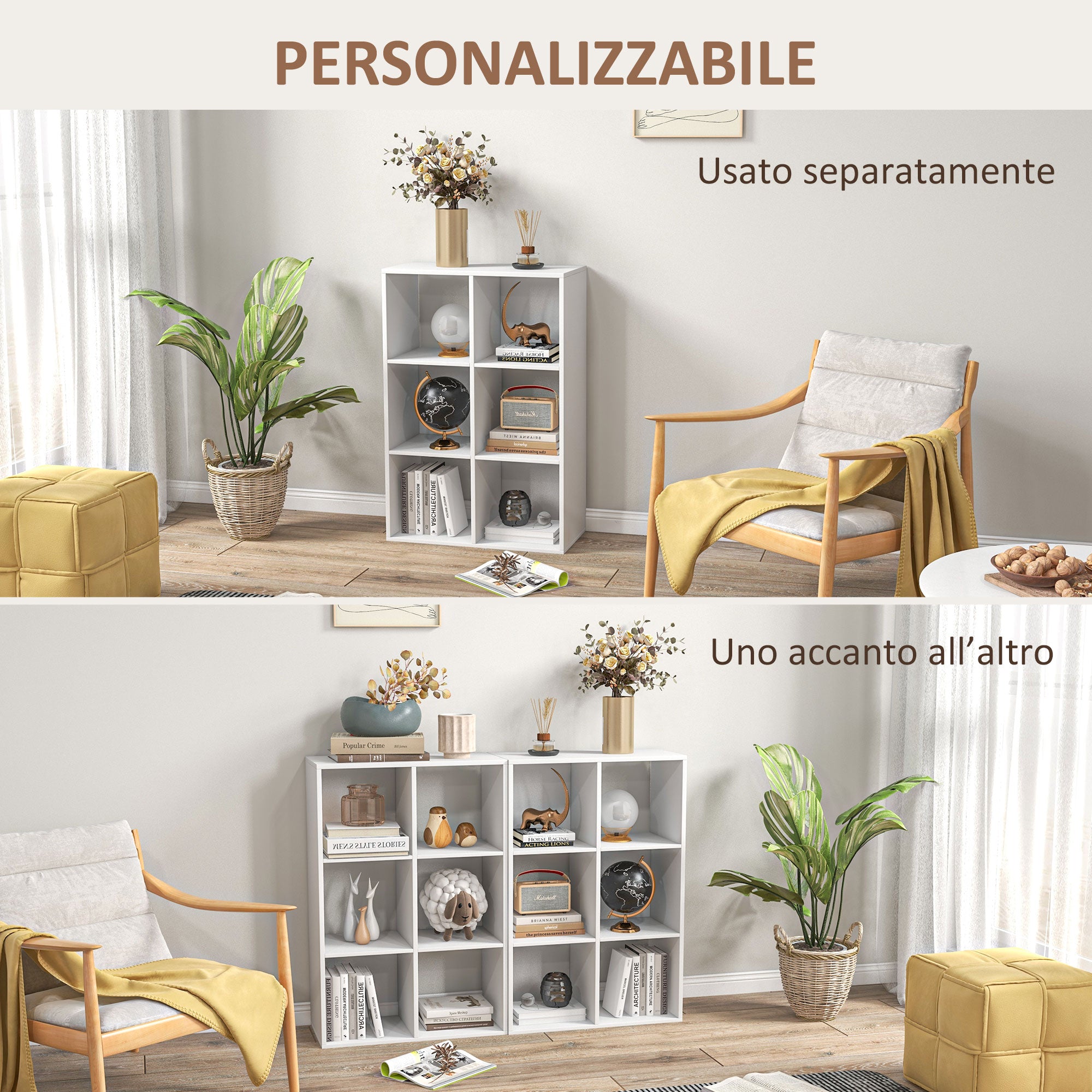 Cube Bookcase with 6 Shelves Storage Organizer in Rustic Design, Modern Wooden Bookcase, for Kids Room, Study, Office, 61.5x29.5x91.5 cm, White